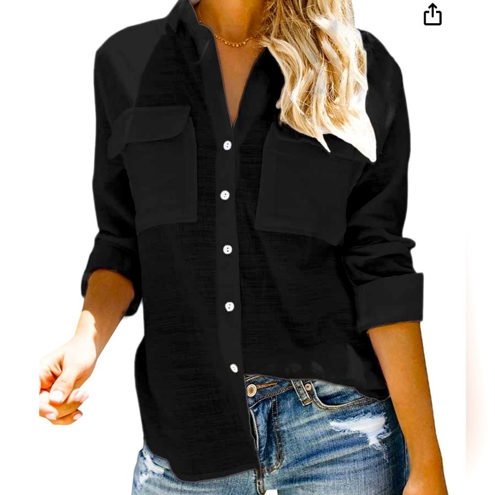 V-neck Button Down long sleeve Black Top. Size Small - Picture 2 of 9